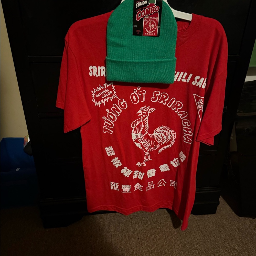 Red Sriracha Graphic T-Shirt and Green Beanie Combo